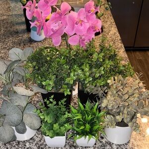 Lot of 7 Elegant Pink Orchid with Lush Green Foliage faux plants